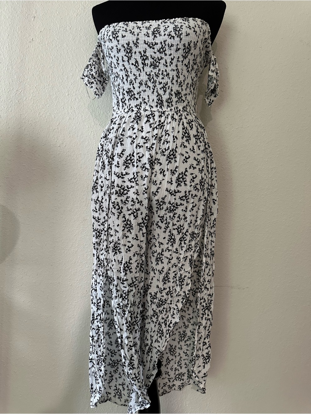 Smocked Strapless Black & White Floral Midi Jumpsuit